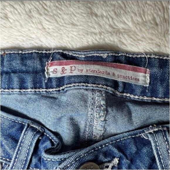 Standards and Practices Distressed Holey Bell Bottom Flare Blue Jeans - Picture 7 of 11